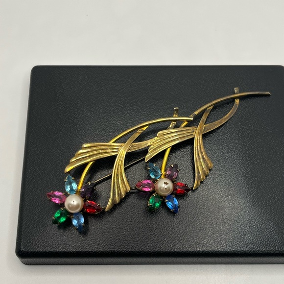Flower SYMMETALIC rhinestone Vintage STERLING Silver 14KT Gold Brooch Pin - Picture 13 of 16